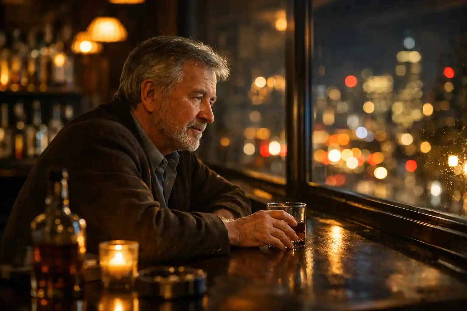 Man reflecting on years of alcohol abuse and life struggles