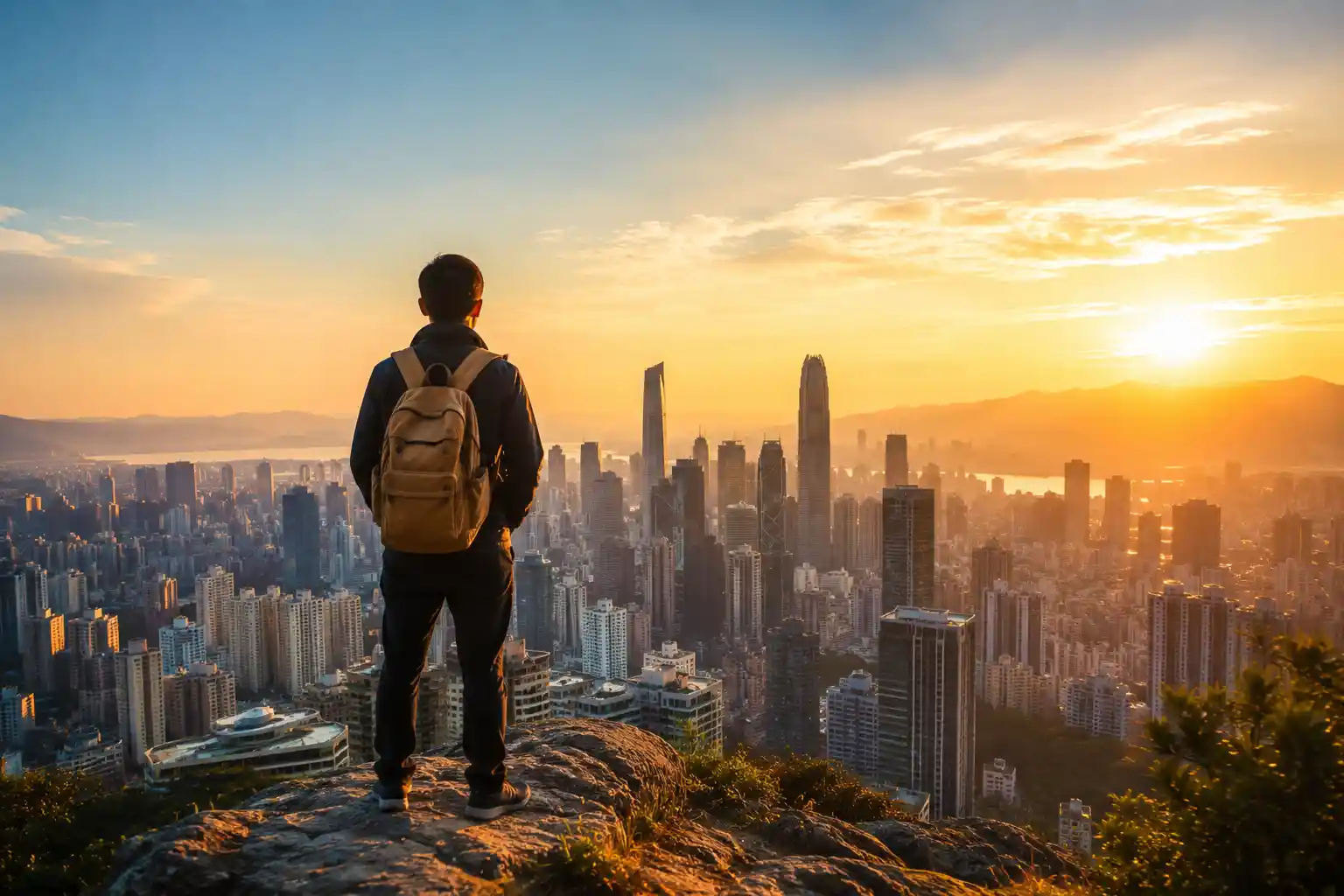 A lone traveler looking toward a distant city skyline at sunrise