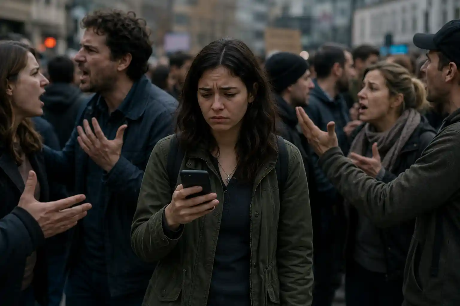 A person standing in a crowd, looking at their phone with a confused and sad expression while people around them are arguing