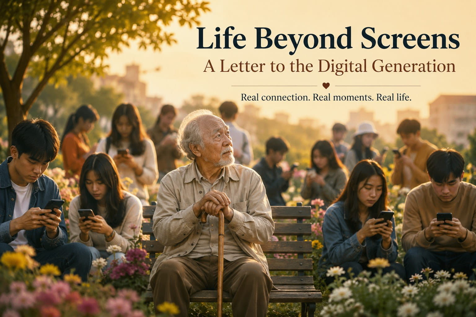an old man sorrounded by a younger generations with their phone 