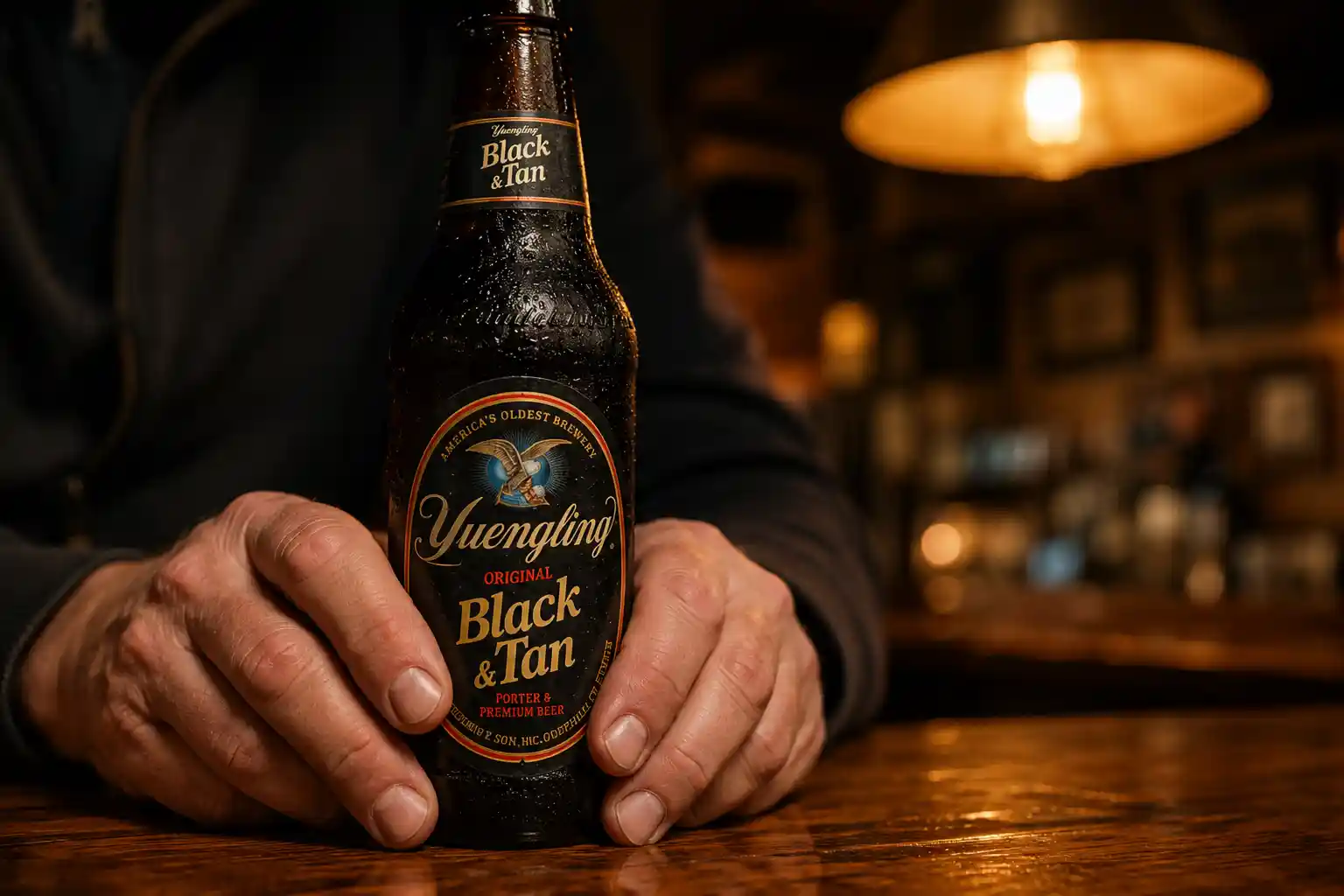 Hands holding a beer bottle in a warm quiet bar