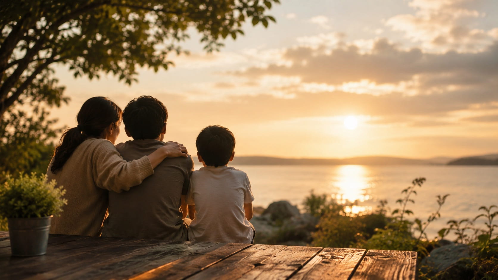 family wathcing the sunset