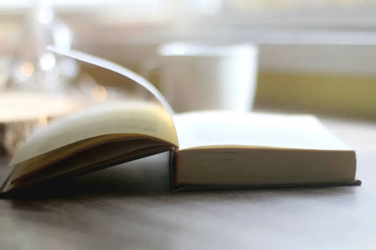 Open book and tea cup in morning light, symbolizing reflection and learning