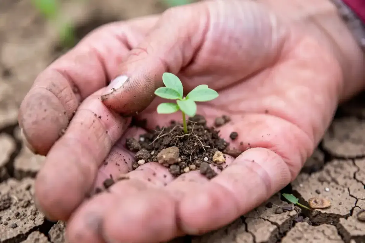 A hand gently holding a small plant growing from cracked soil