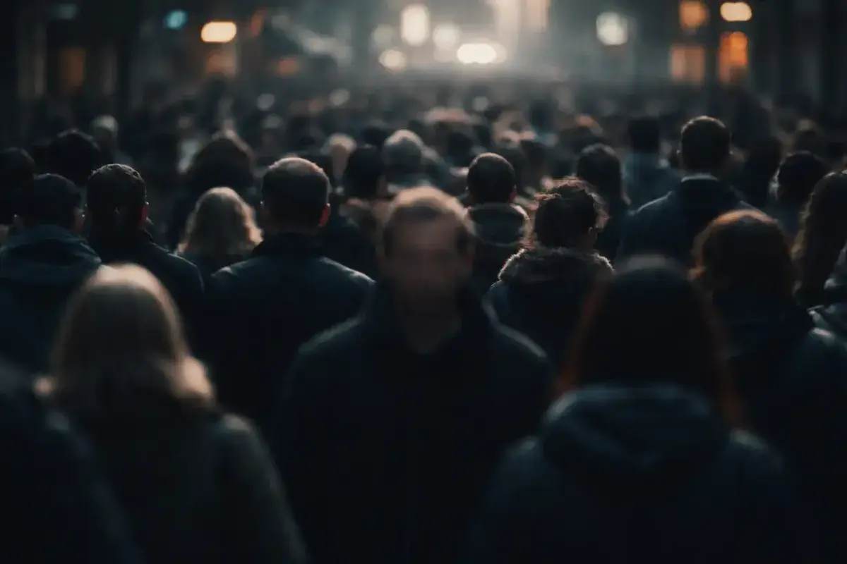 Crowds of people with blurred faces, conveying anonymity and indifference