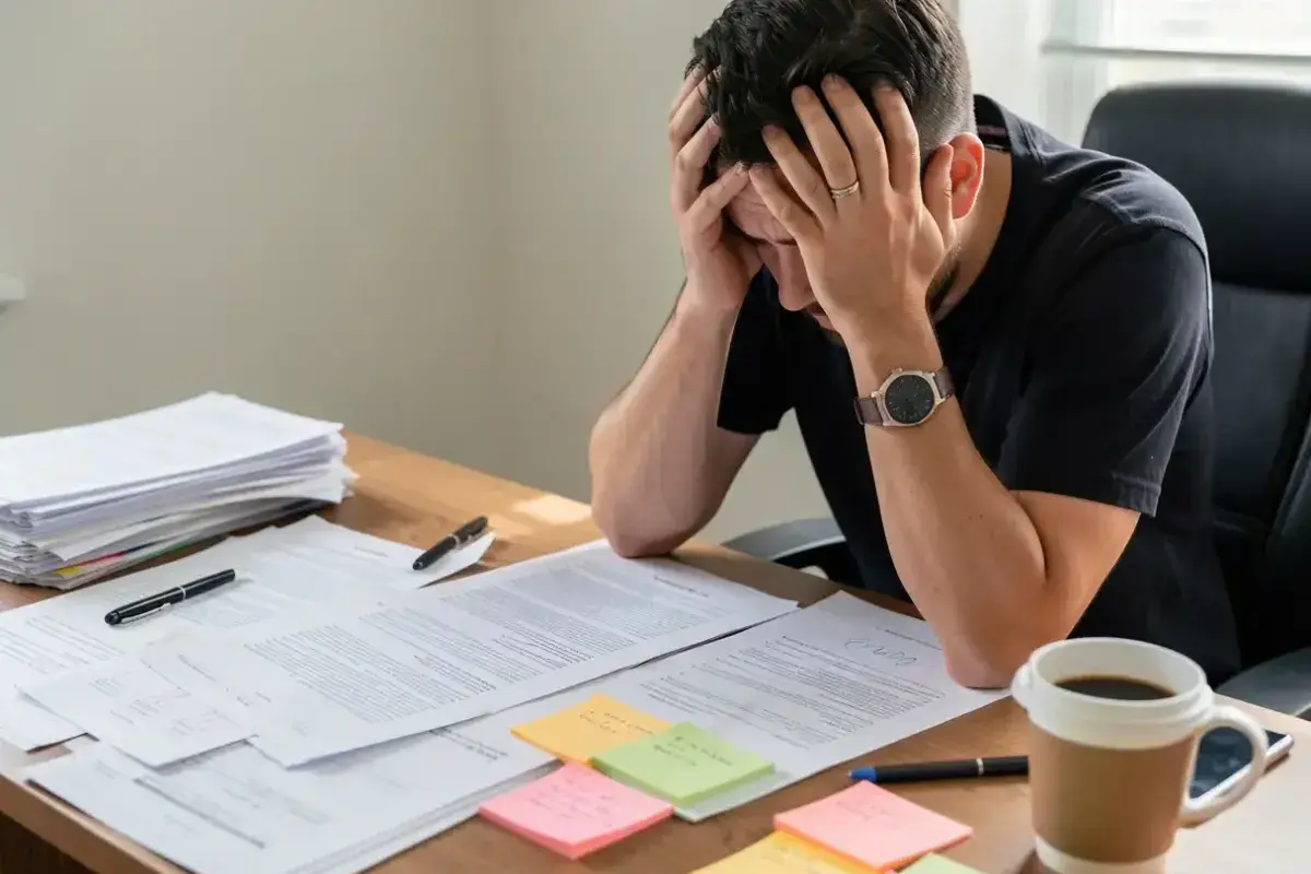 Desk covered with paperwork while person holds head in hands looking overwhelmed