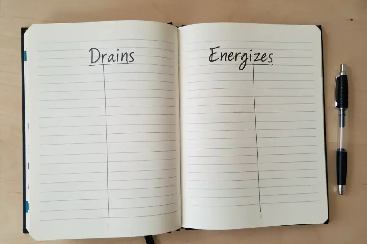 Notebook showing energy audit list separating draining and energizing activities