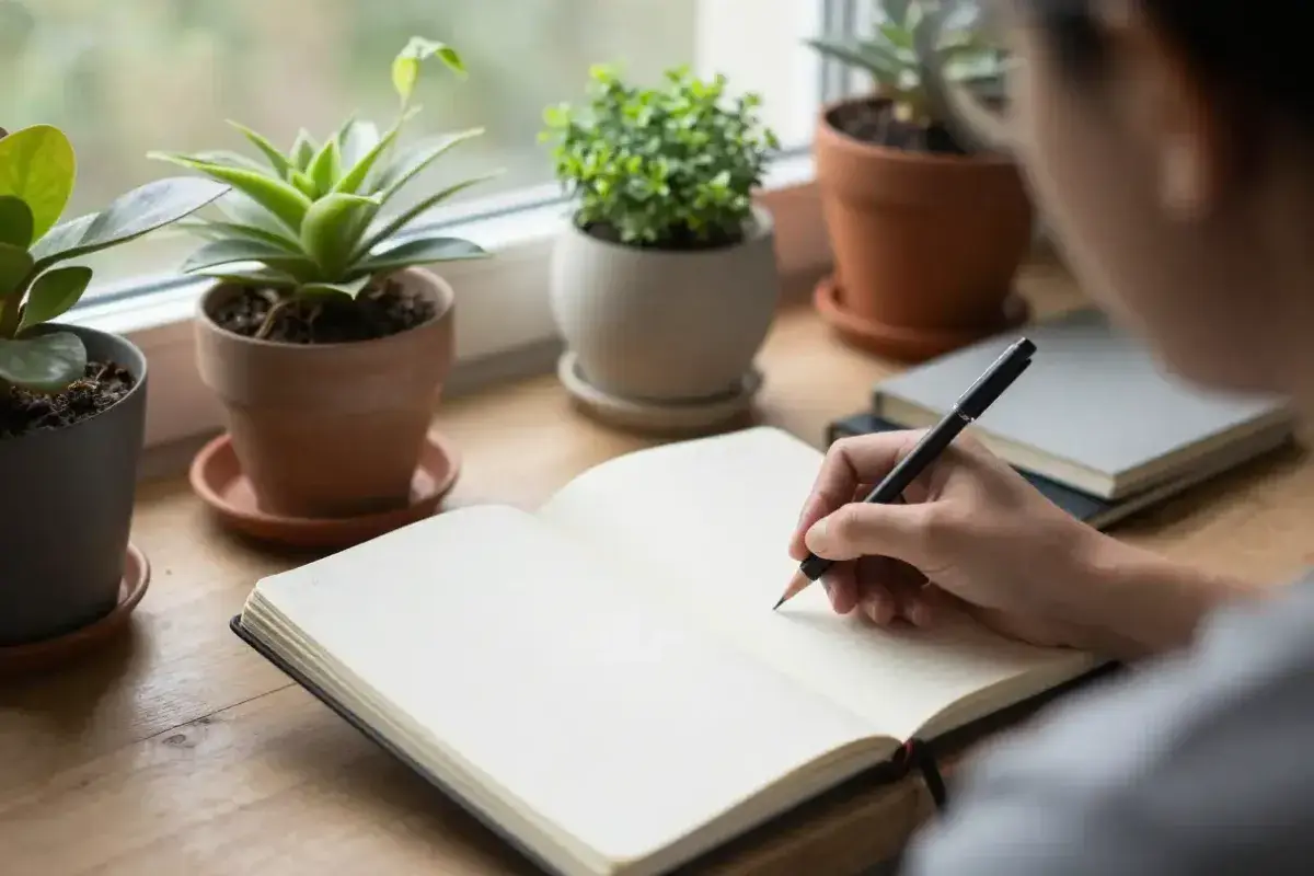 Person journaling near a window as a healthy emotional release practice
