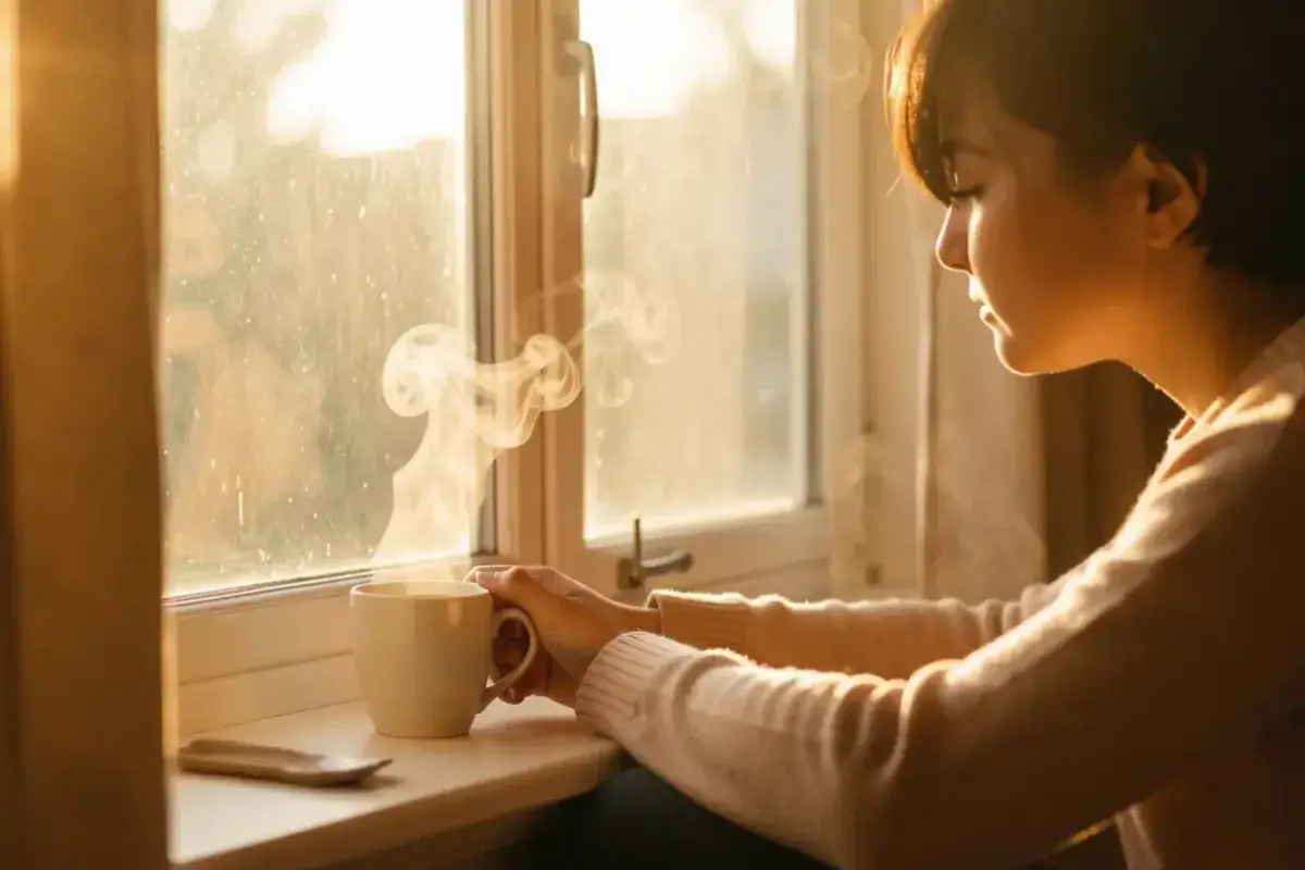 Person sitting peacefully by window with tea and soft morning light