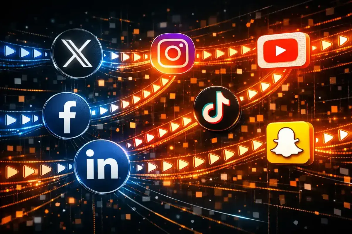 Social media platforms connected through flowing digital video content