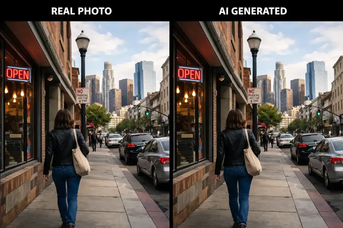 Comparison of real street footage and AI generated street video