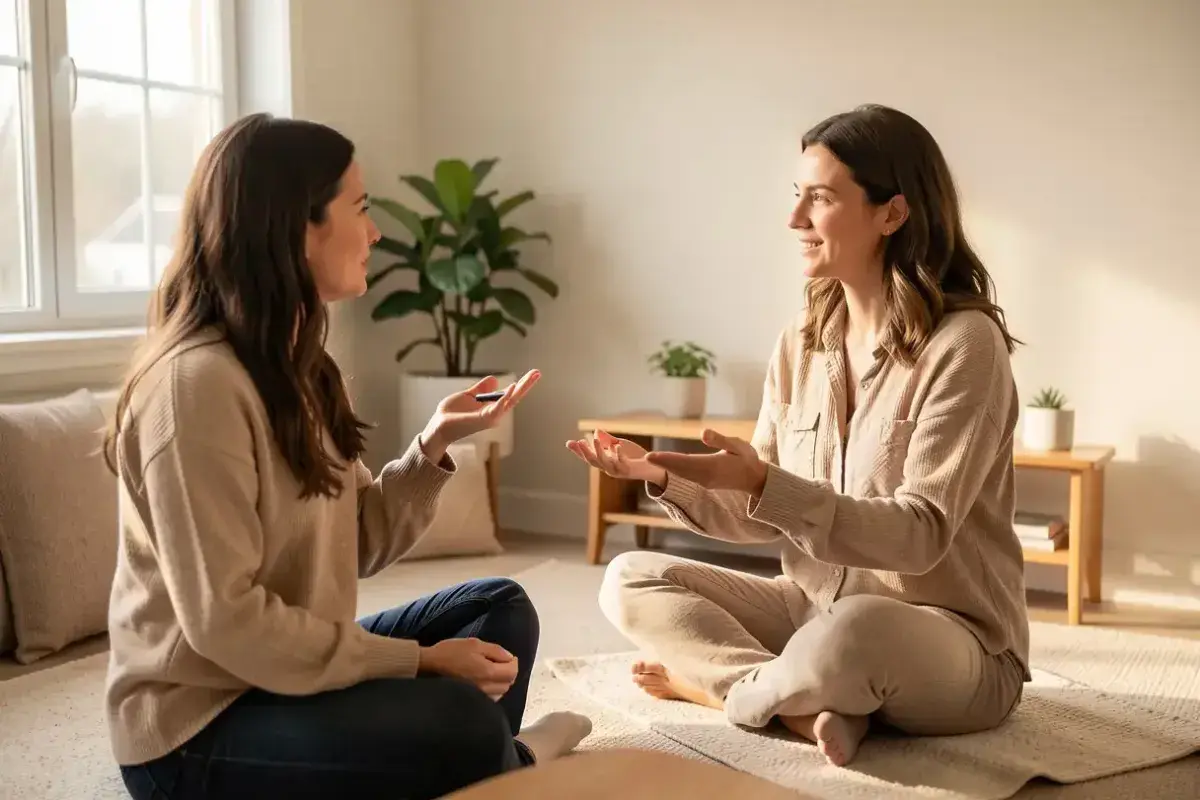 Therapist assisting client in cognitive behavioral therapy session for anxiety management