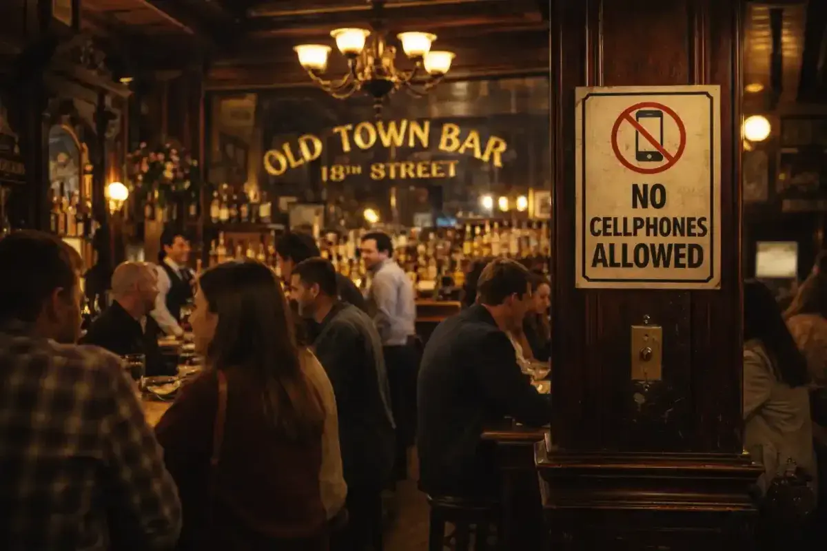 Traditional New York City bar called Old Town Bar on 18th Street with No Cellphones Allowed sign atmosphere encouraging conversation instead of cellphone use