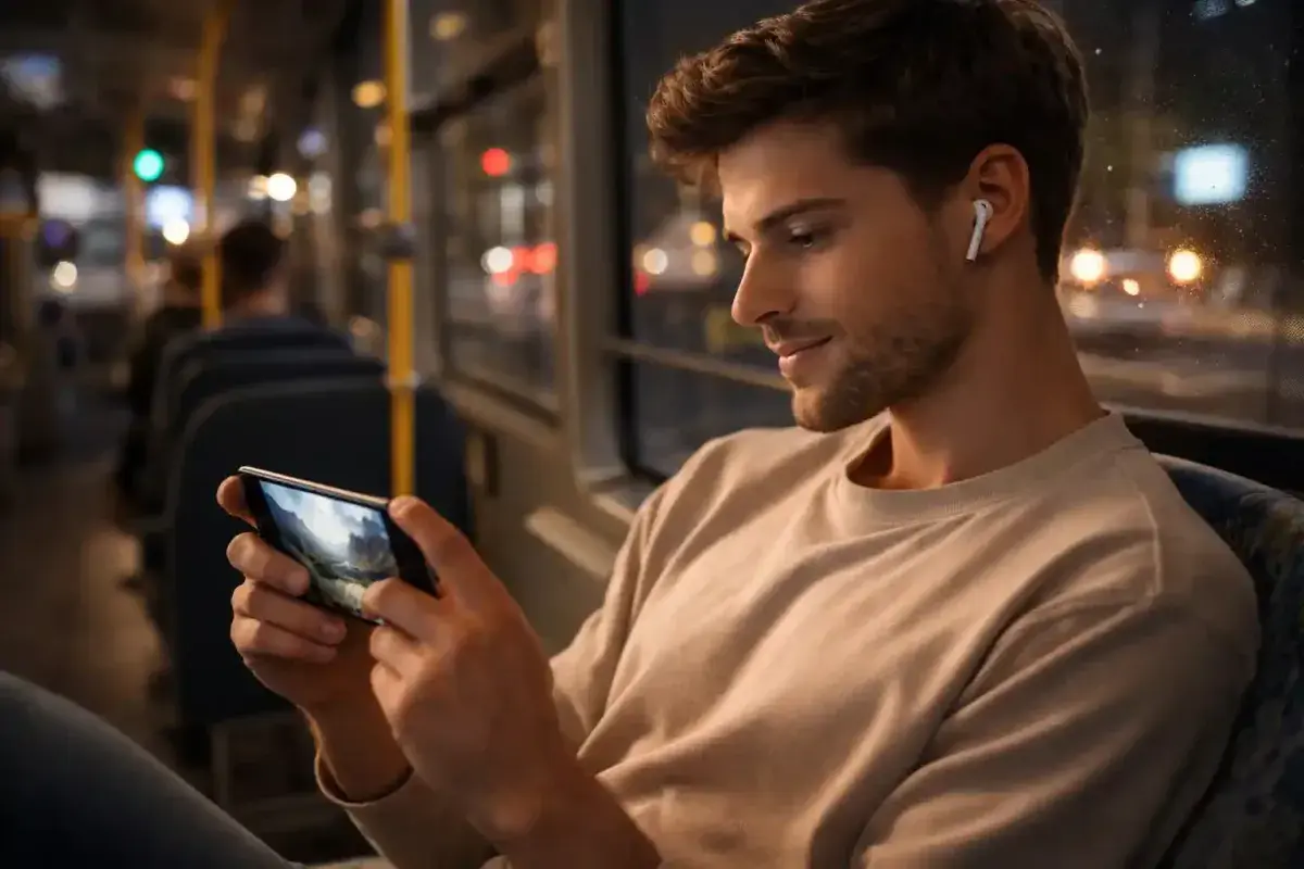Modern wireless earbuds enabling private listening in public spaces
