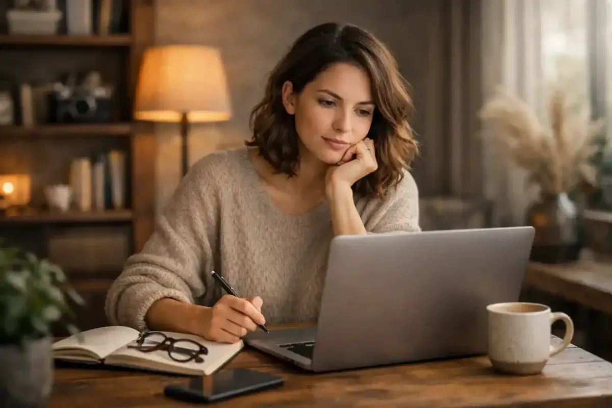 A content creator thoughtfully working on a laptop in a quiet space