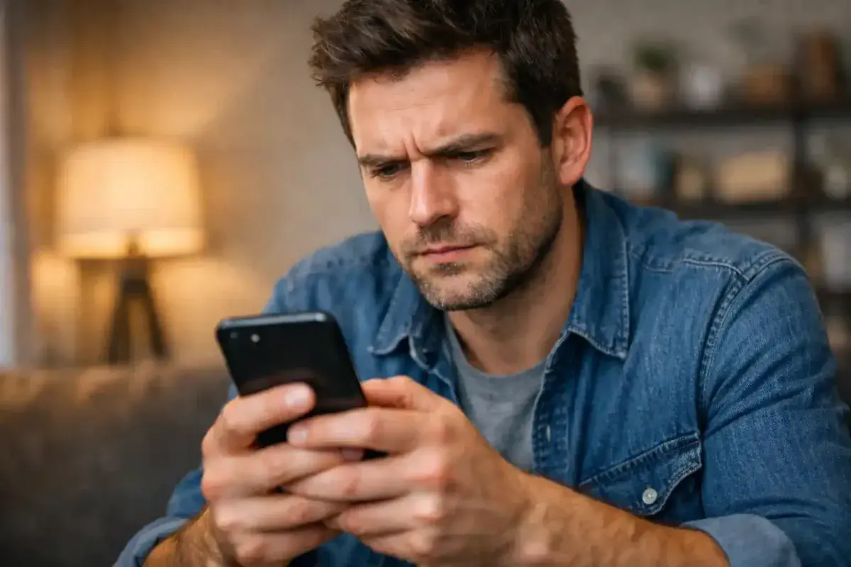 A person scrolling on a smartphone with a concerned expression