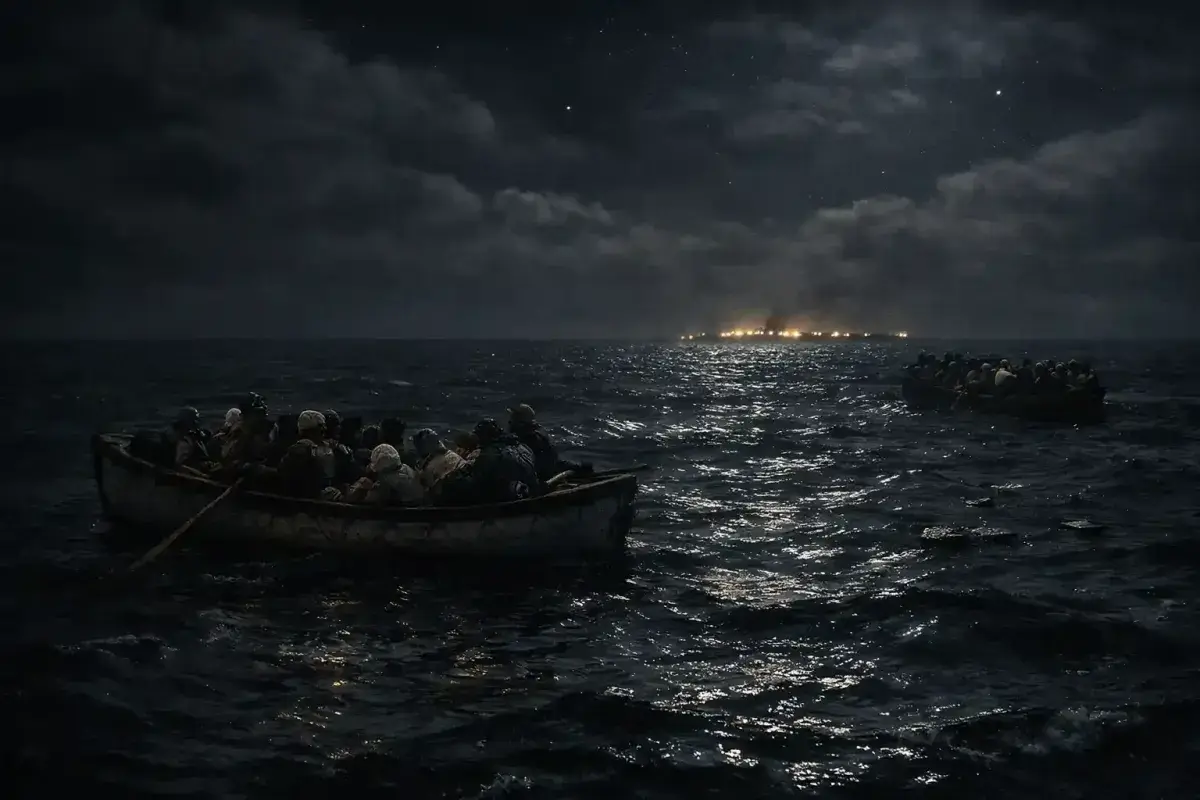 Lifeboats drifting in the dark Atlantic after Titanic sank