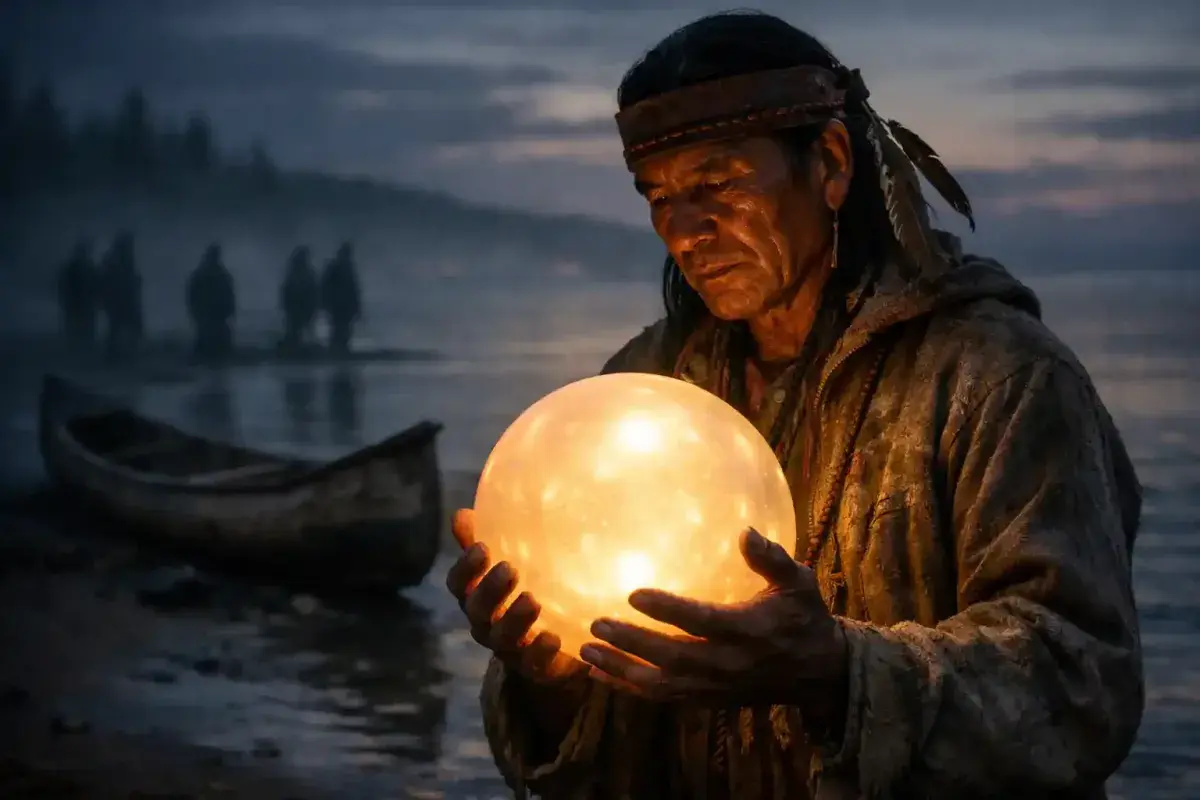 A fisherman holding a glowing pearl while dark figures appear in the distance representing ambition and danger