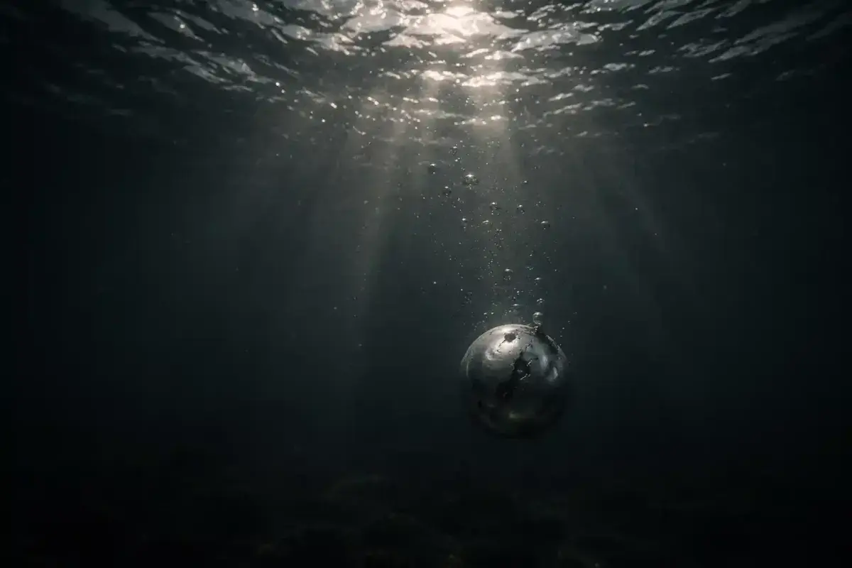 A gray pearl sinking into deep water symbolizing ambition, grief, and irreversible loss in The Pearl