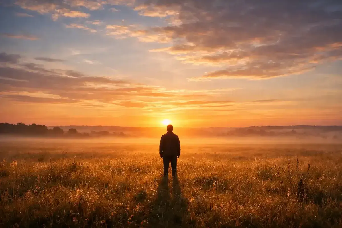  A single person standing in a vast open field at sunrise symbolizing individual human significance within large scale history