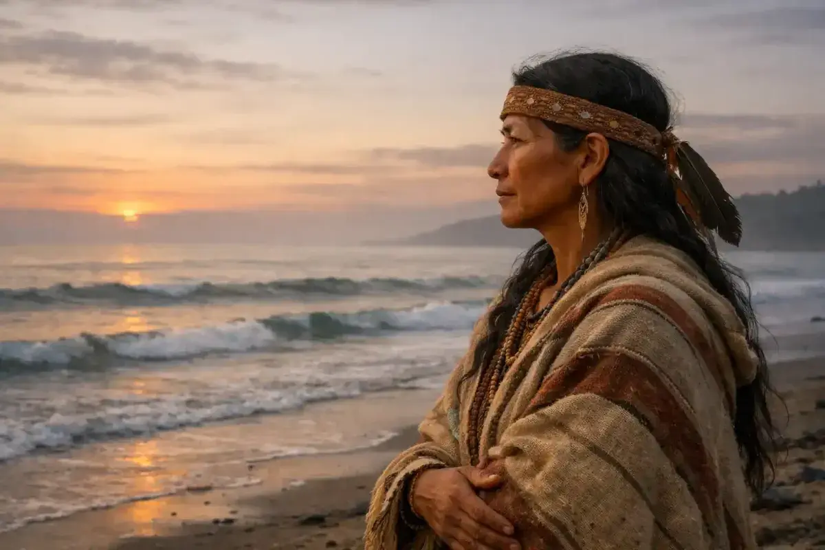 A woman watching the ocean while carrying concern and quiet strength inspired by Juana in The Pearl