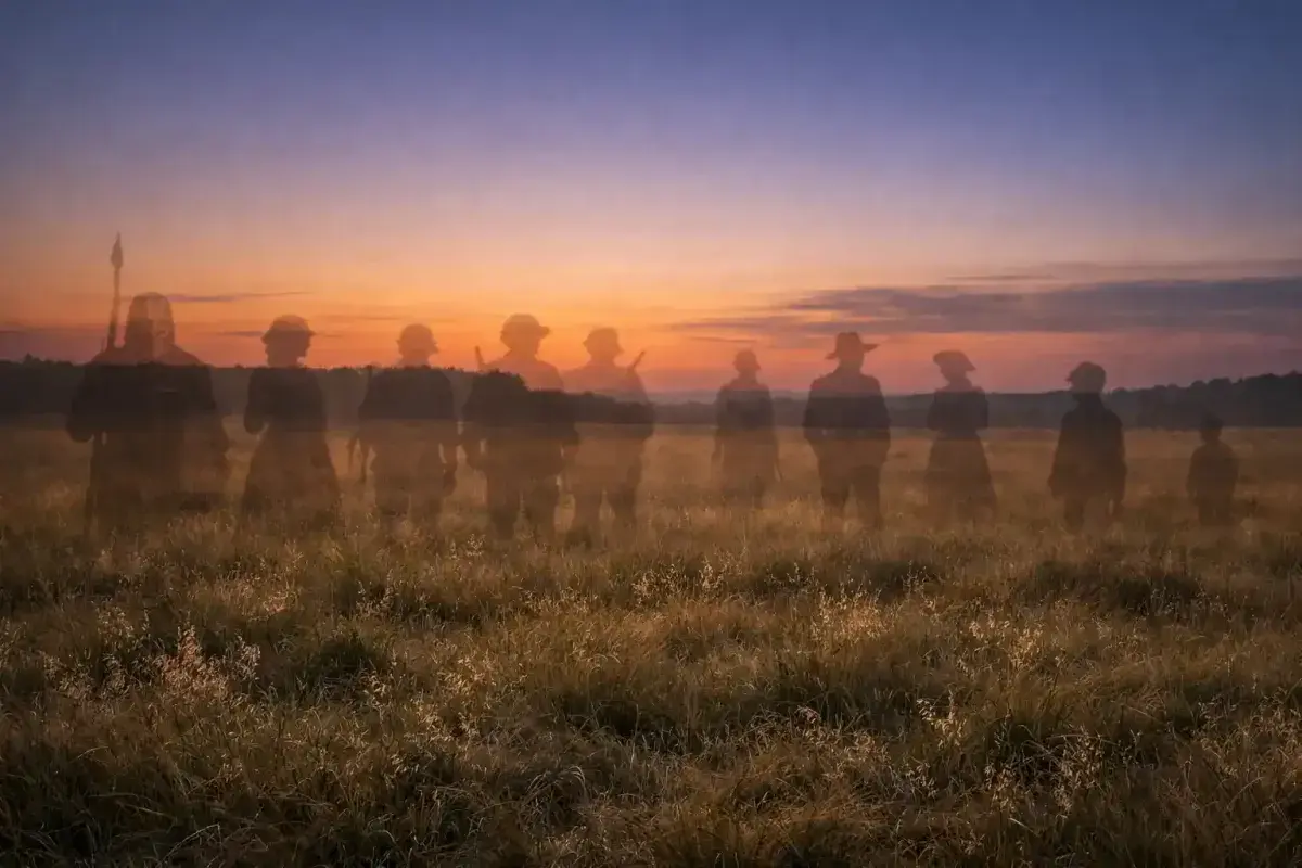 Faded silhouettes of human figures blending into historical landscapes representing generations lost over time