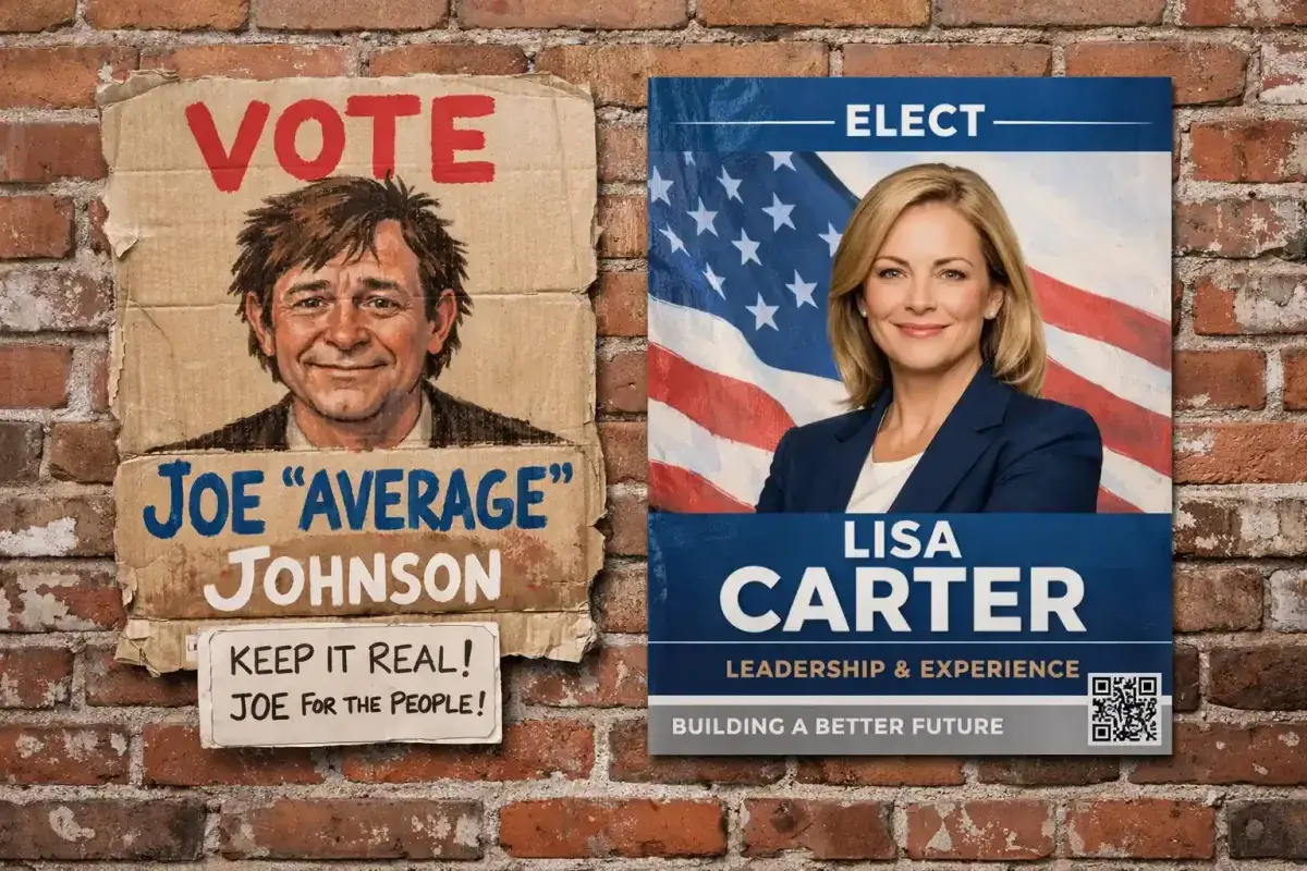 Grassroots campaign poster next to professionally funded political campaign highlighting imbalance of resources
