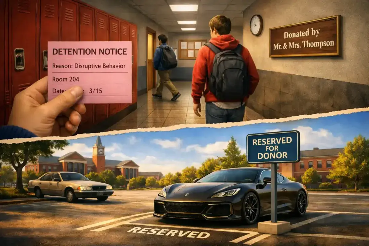 High school detention avoided by donor family money and college parking privilege showing how money shapes opportunity
