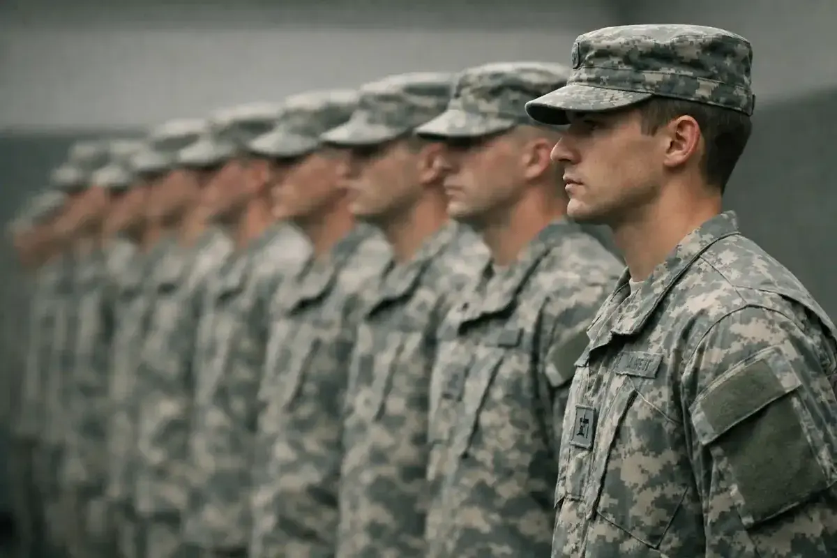 Military formation standing in silence and discipline