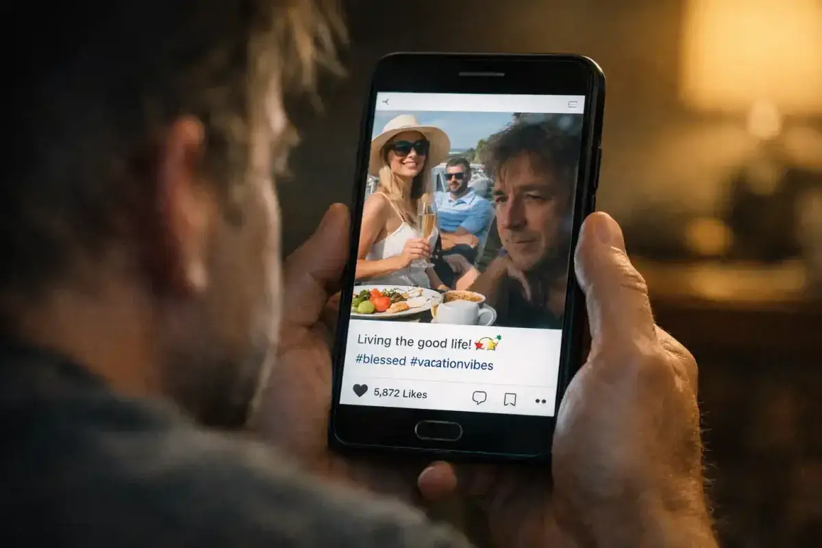 Person comparing lifestyle and success on social media reflecting pressure of wealth and influence
