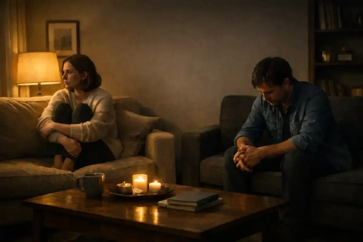 Two silhouettes sitting apart on opposite sides of a dimly lit room