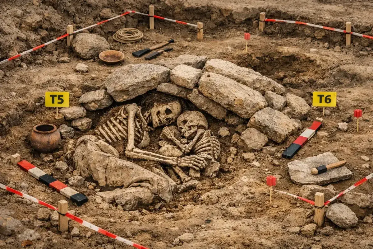 Ancient burial site with preserved remains and excavation markings symbolizing unnamed historical lives