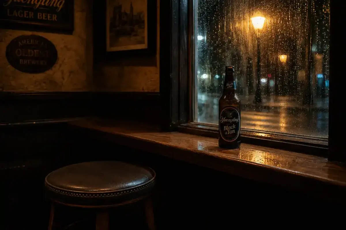 Empty bar stool with a half finished beer by a rainy window