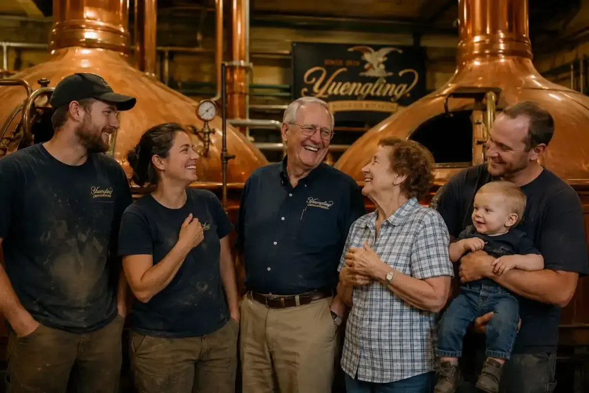 Family owners standing together inside their historic brewery