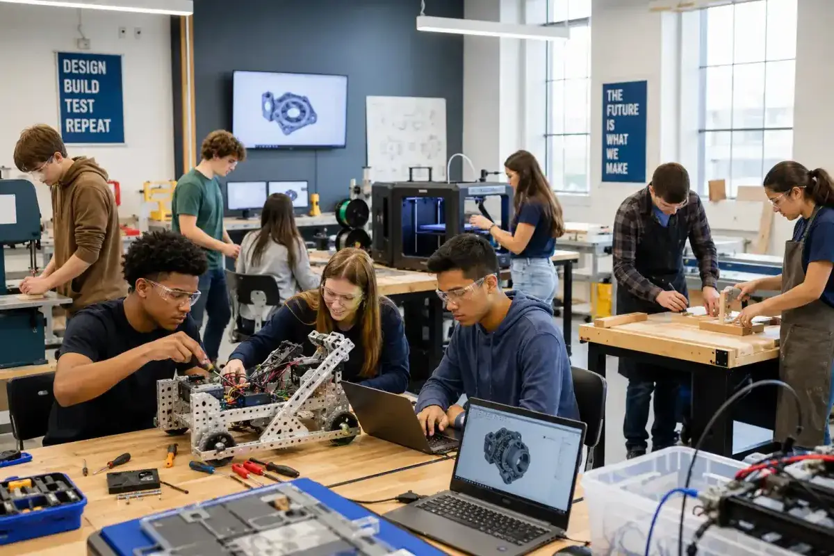 Modern students combining technology with hands on career skills