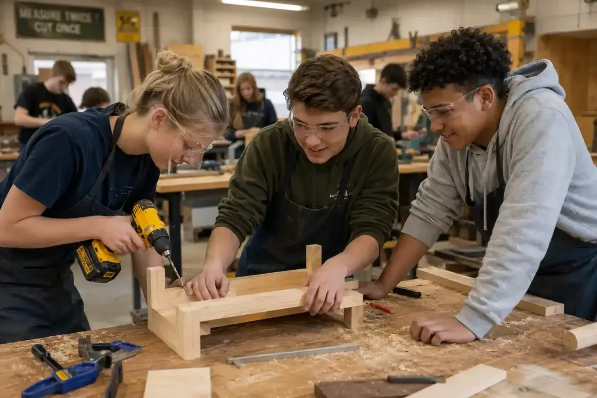 Students learning cooking, building, and creative skills through hands on education