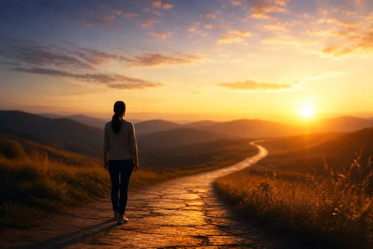 Woman walking, tracing the sunset path