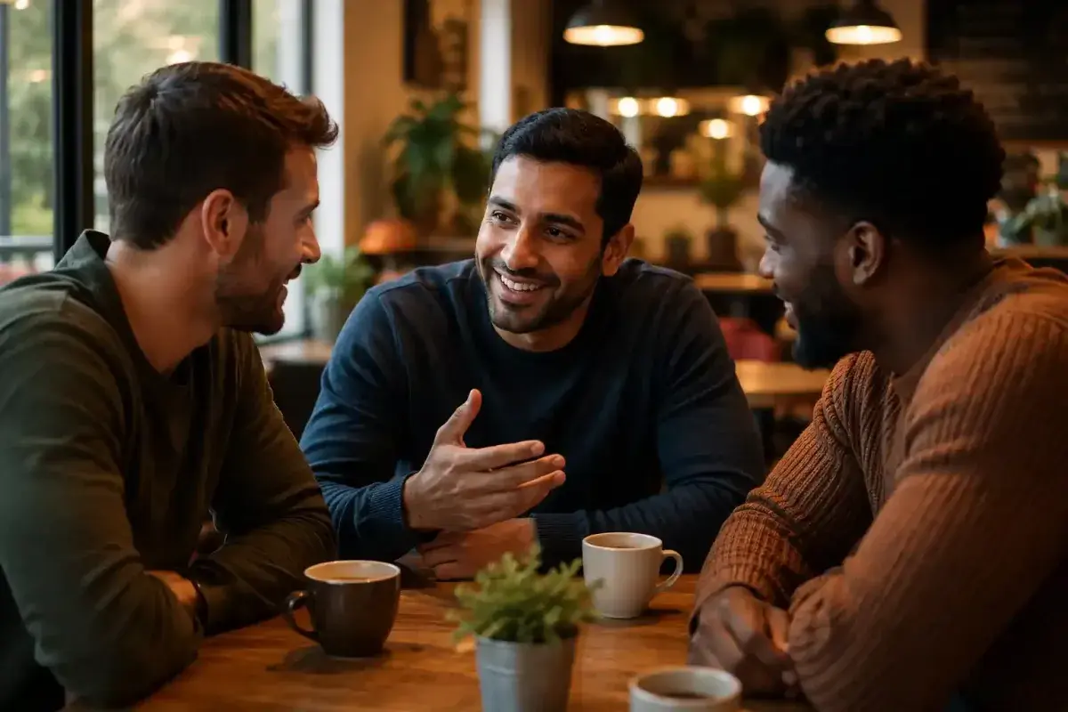 Small circle of genuine friends around a table