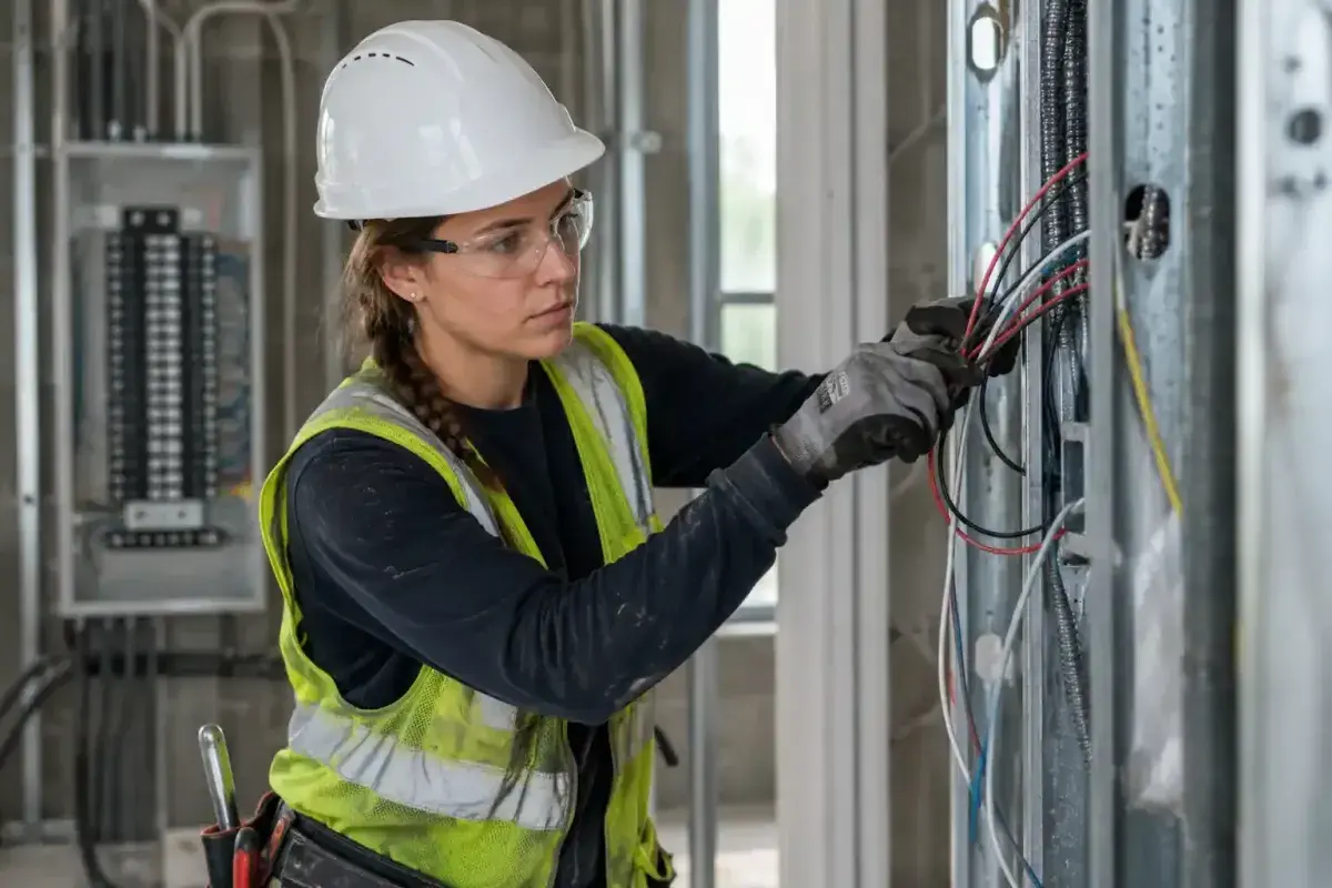 A young female electrician installing electrical wiring inside a modern commercial building