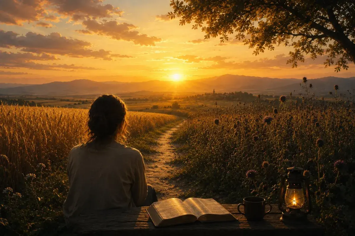 woman sitting on a bench watching the journey of life through sunset-  with an open book on the table. 