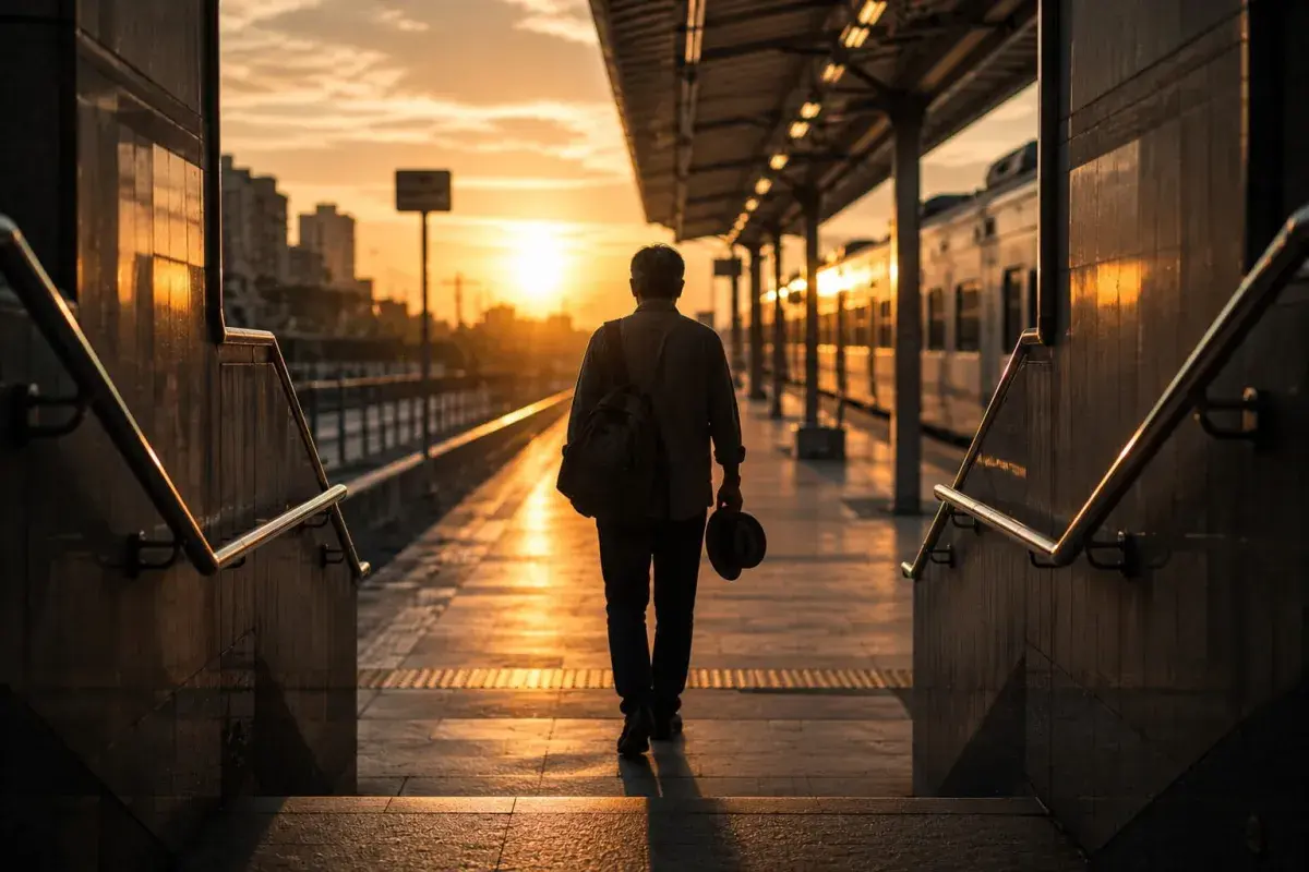 man walking home coming from the train station