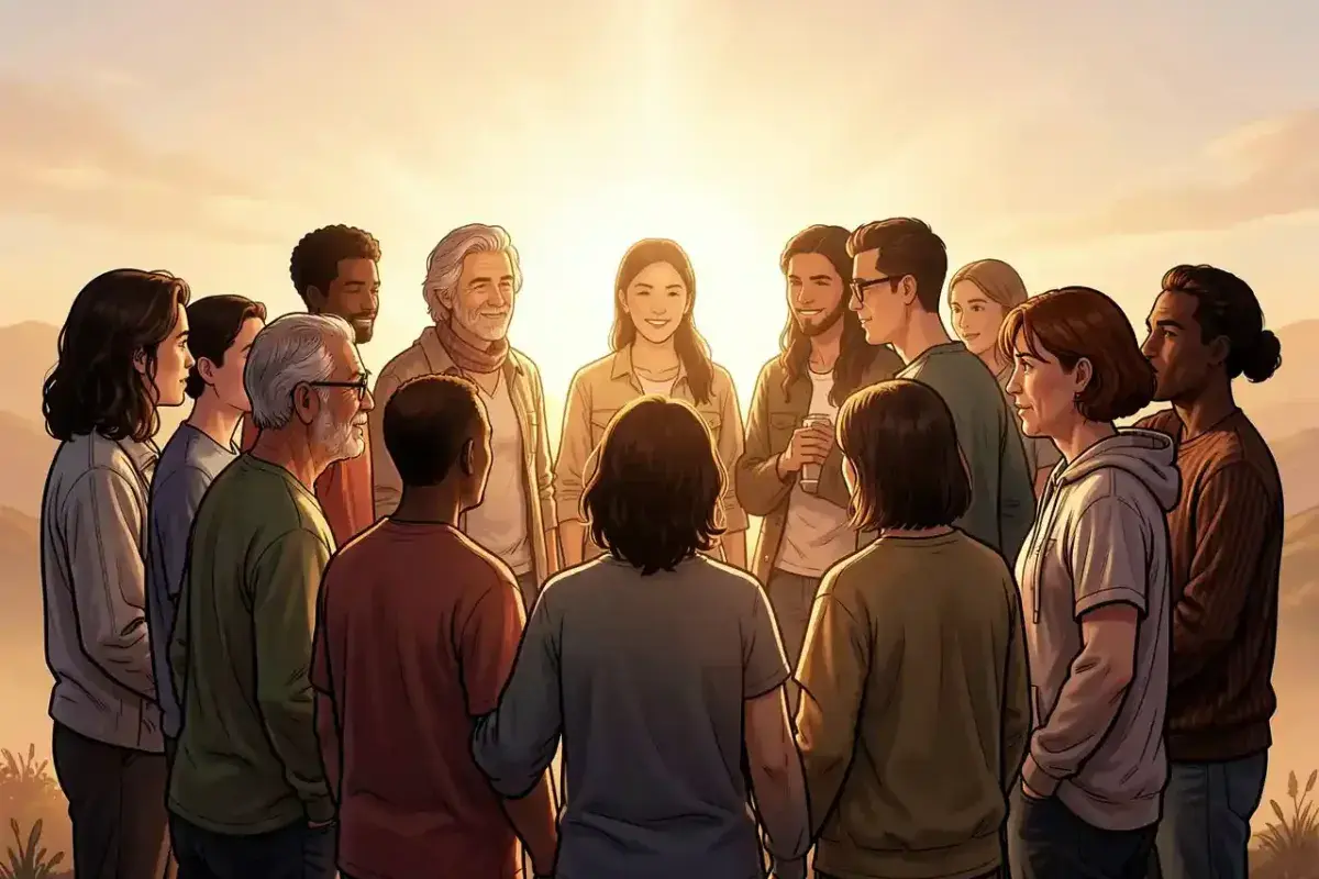 A diverse group of people standing in a circle, looking at each other with attention and respect, bathed in warm, natural light, symbolizing the return of human decency, connection, and common sense