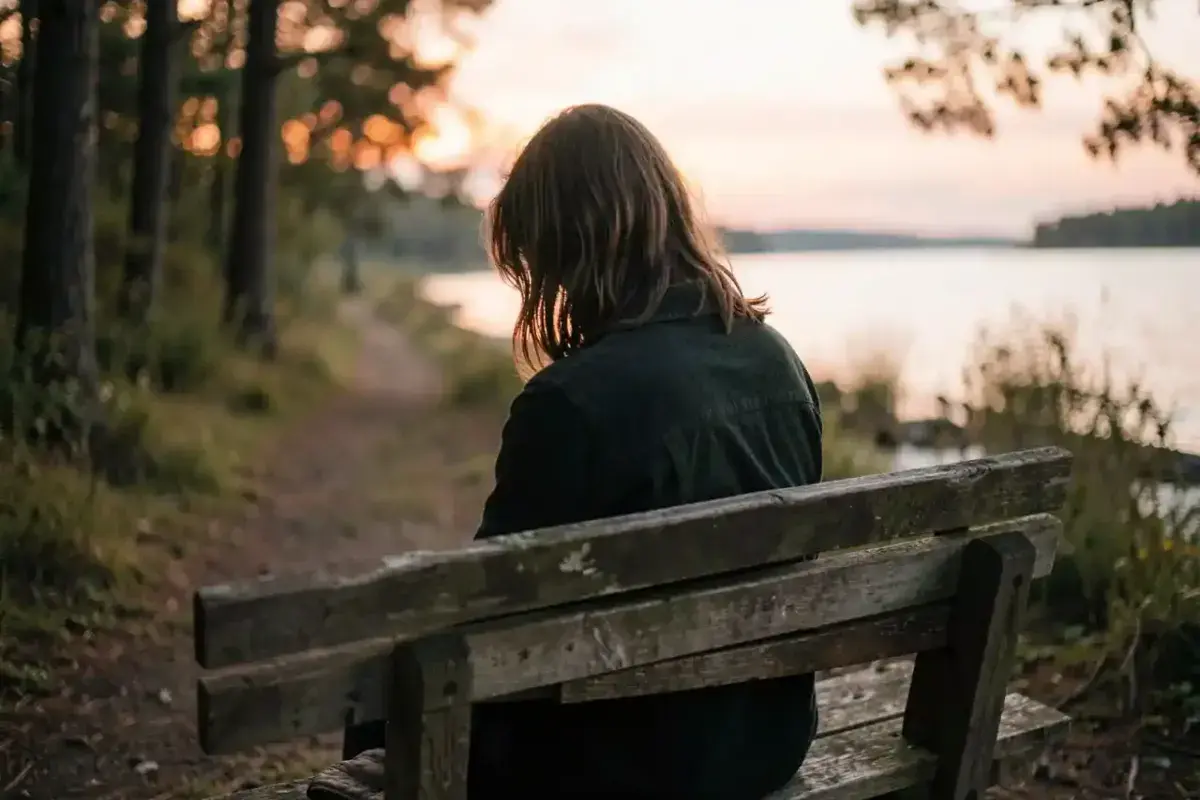 A person sitting alone on a bench in a peaceful natural setting at dusk, symbolizing the sacred act of pausing and listening to the whispers within.