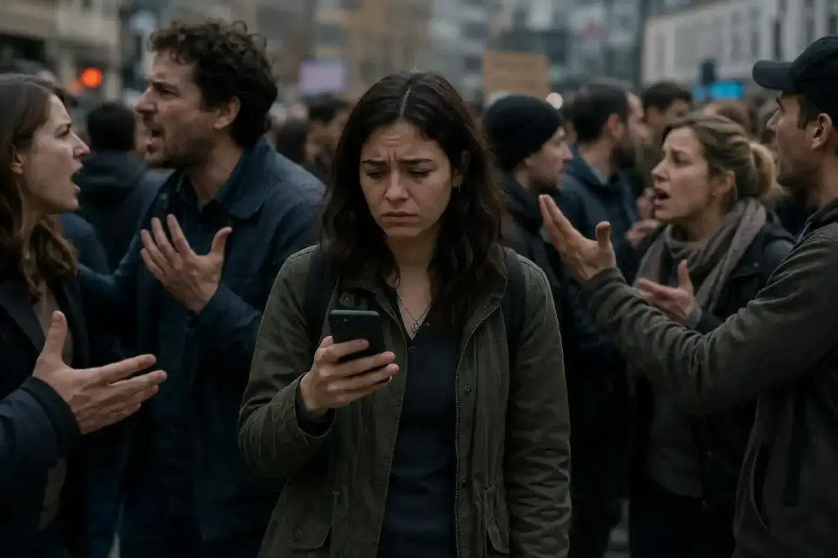 A person standing in a crowd, looking at their phone with a confused and sad expression while people around them are arguing