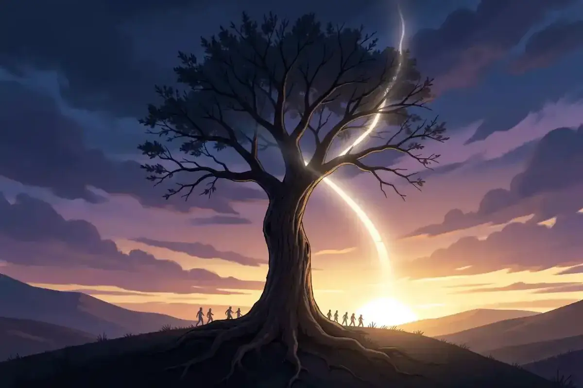 A solitary, deeply rooted tree standing strong on a hilltop at dawn, slightly bent but unbroken, with a luminous path of light extending from its branches into a hopeful sunrise
