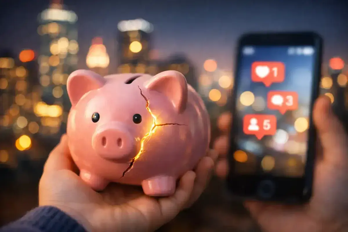 Cracked piggy bank with city lights and social media background representing childhood beliefs about money versus adult reality of power