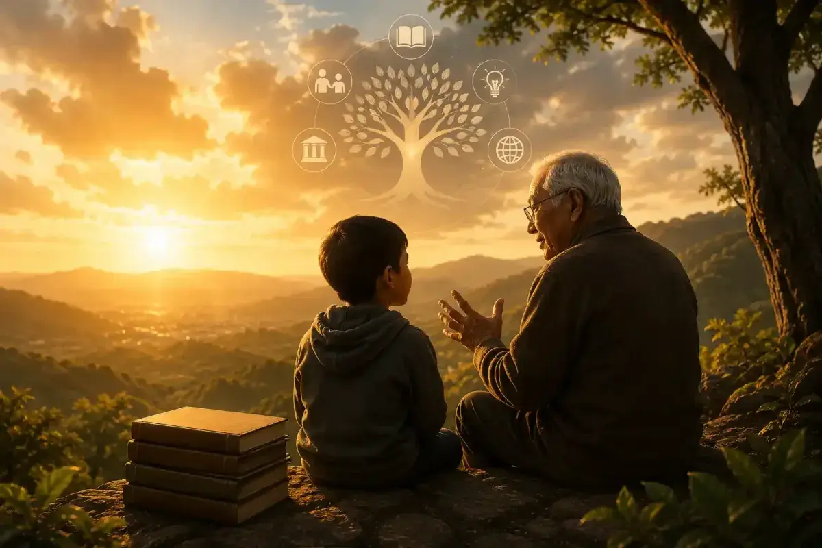 Grandparent mentoring a child, representing wisdom passed between generations