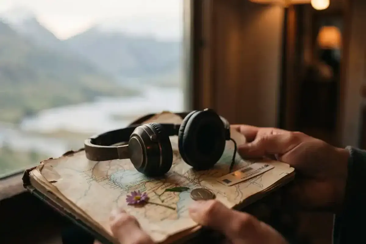 Hands holding an open travel journal with vintage headphones and a pressed flower, with a hazy landscape in the background, symbolizing the deep connection between travel, music, and personal memory