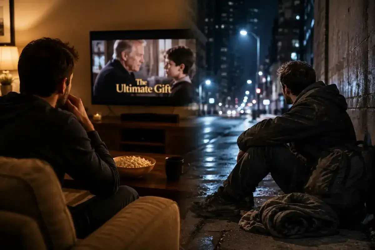 Man watching The Ultimate Gift while remembering his time living on the streets