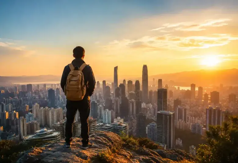 A lone traveler looking toward a distant city skyline at sunrise